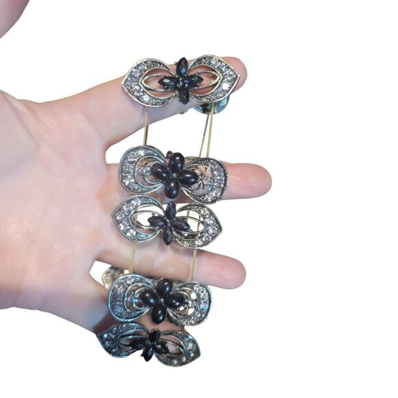 Dramatic Vintage Black & Faux Diamond Stretch Cuff Bracelet - Picture 2 of 4